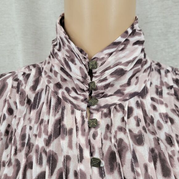 Maeve Anthropologie Pleated Animal Leopard Print Blouse Top Short Ruched Sleeves - Picture 5 of 13